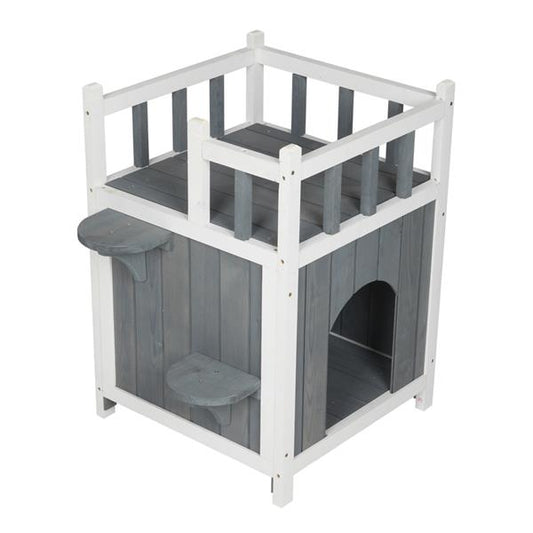 Wooden Cat/Small pets Home with Balcony House Small Dog Indoor Outdoor Shelter Grey & White