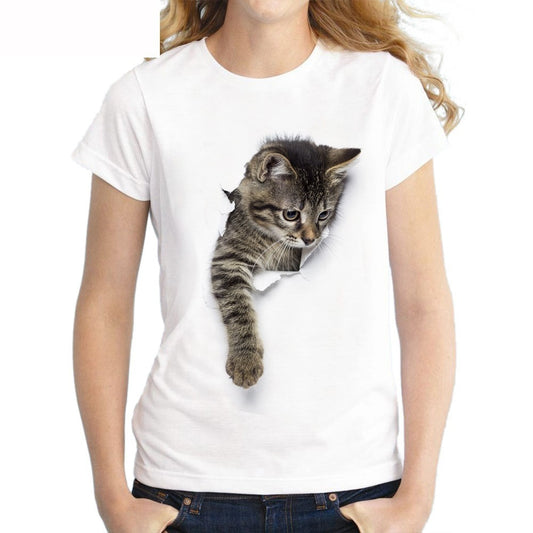 3D cat print round neck women's t-shirt - Lucky paws pet store