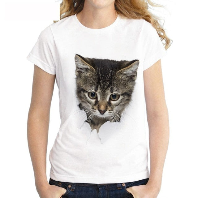 3D cat print round neck women's t-shirt - Lucky paws pet store