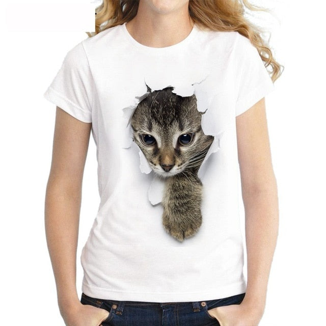 3D cat print round neck women's t-shirt - Lucky paws pet store