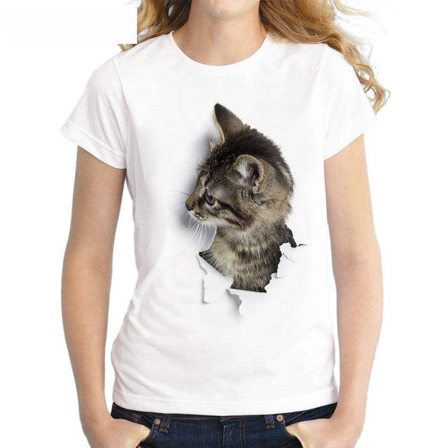 3D cat print round neck women's t-shirt - Lucky paws pet store