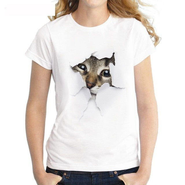 3D cat print round neck women's t-shirt - Lucky paws pet store