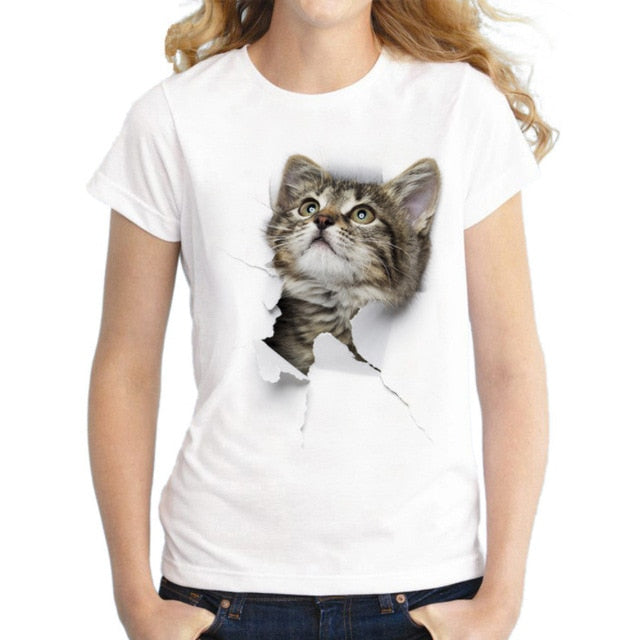 3D cat print round neck women's t-shirt - Lucky paws pet store