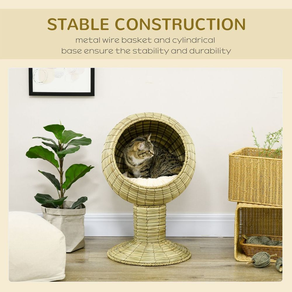 PawHut Raised Cat House, Natural Mat Grass Cat Bed