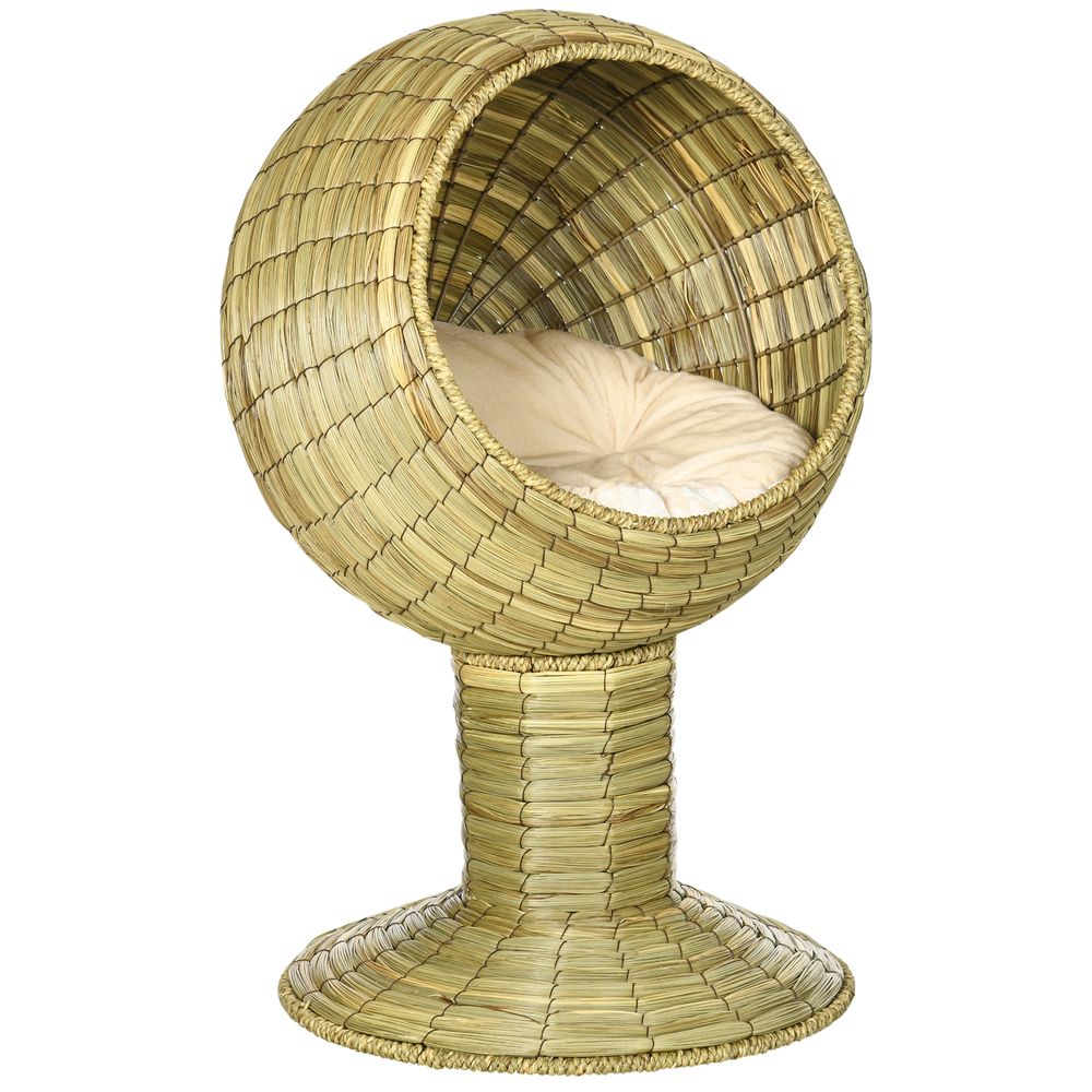 PawHut Raised Cat House, Natural Mat Grass Cat Bed