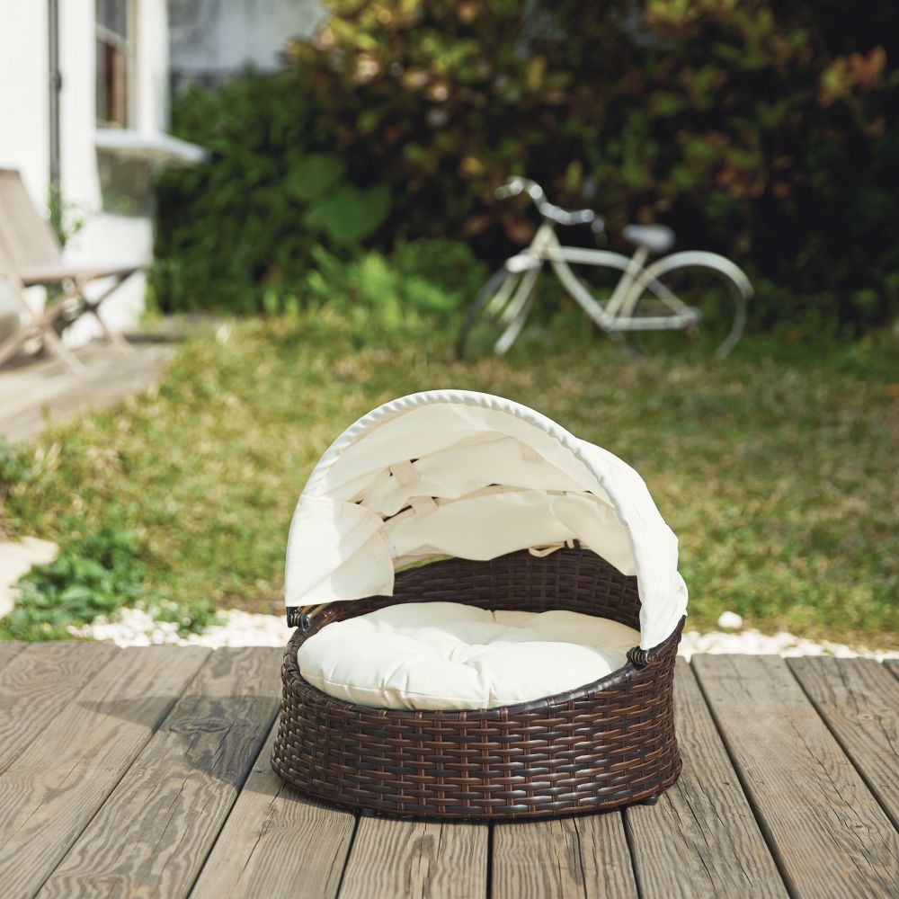 Indoor Outdoor Rattan Cat or Dog Bed, Canopy & Cushion
