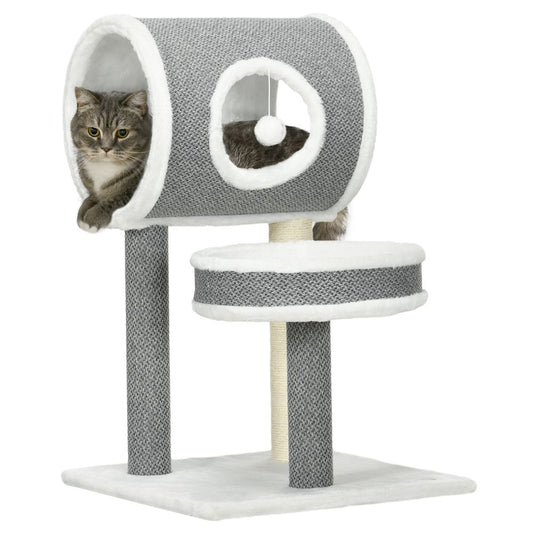 Cat Tower Scratching Post, Cat Bed, Toy Ball - White