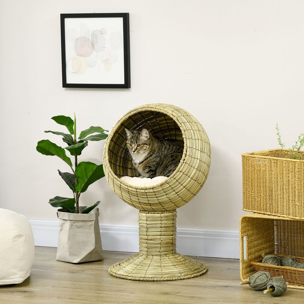 PawHut Raised Cat House, Natural Mat Grass Cat Bed