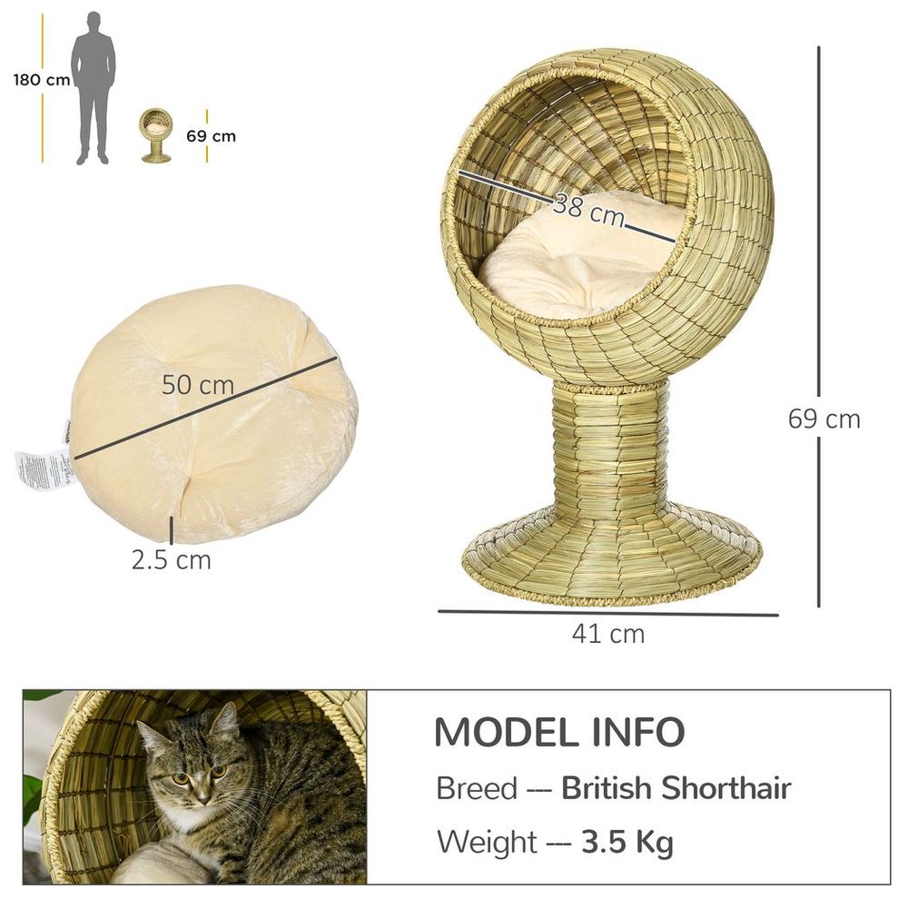 PawHut Raised Cat House, Natural Mat Grass Cat Bed
