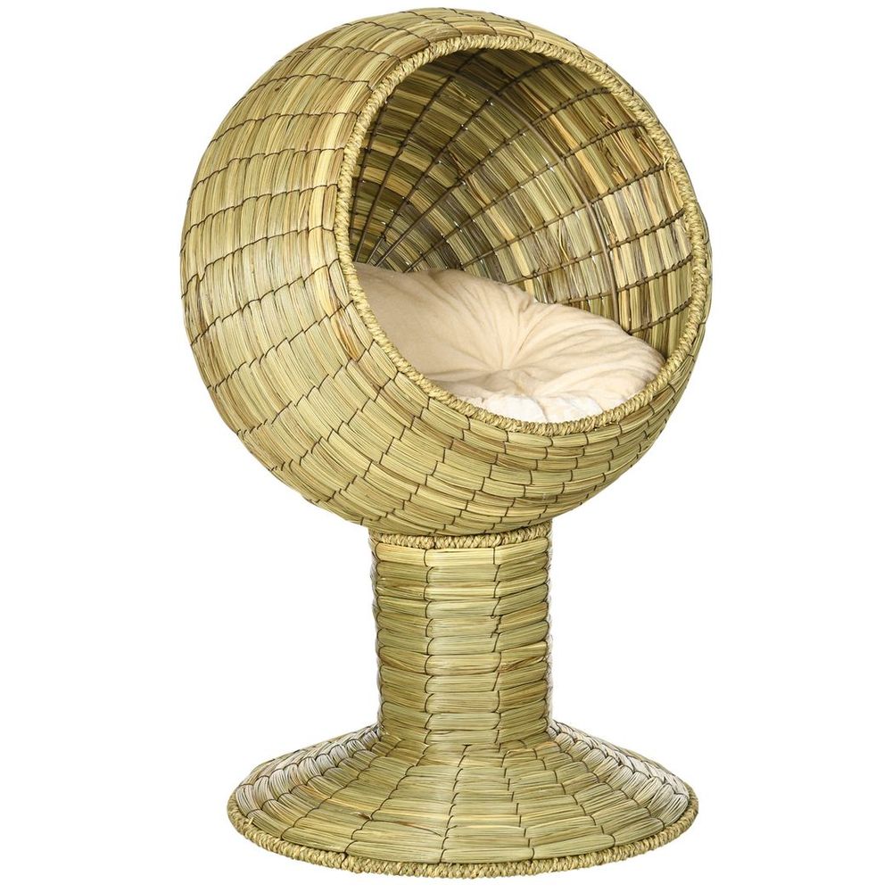 PawHut Raised Cat House, Natural Mat Grass Cat Bed