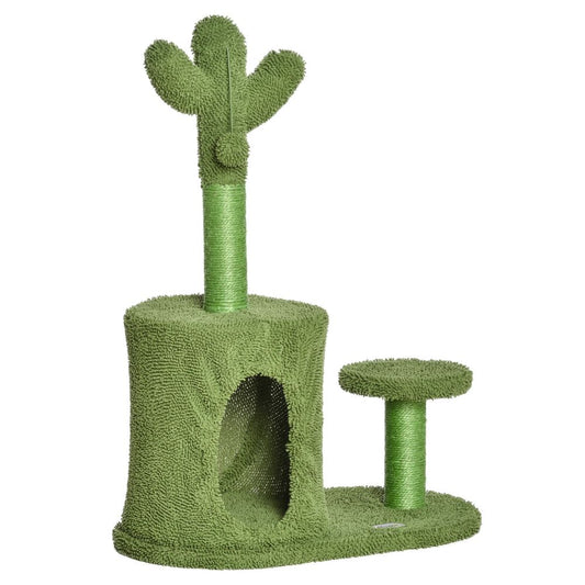 Cat Tree Tower Cactus Shape w/ Scratching Post Condo Perch Toy Ball - Green